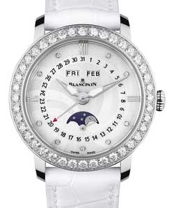 Women Complete Calendar Moon Phase 35mm Automatic in White with Diamond Bezel on White Alliagtor Leather Strap with MOP Diamond Dial