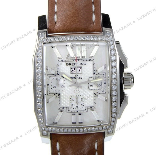 Bentley Flying B Chronograph in White Gold with Diamond Bezel On Brown Calfskin Leather Strap with Mother of Pearl Dial