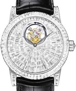 Leman Tourbillon Set with Baguette-Cut Diamond Bezel White Gold on Black Strap with Pave Diamond Dial