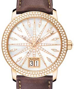 Women Large Date Diamond Bezel Rose Gold on Brown Strap with White MOP Diamond Dial