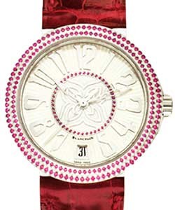 Women Ultra-Slim with Ruby Bezel White Gold on Red Leather Strap with White & Ruby Dial 