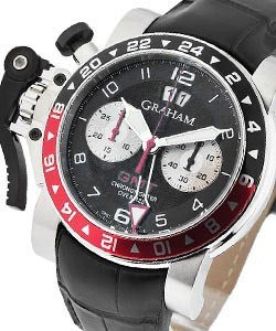 Chronofighter Oversized GMT in Steel with Blue and Red Bezel on Black Alligator Leather Strap with Black Dial