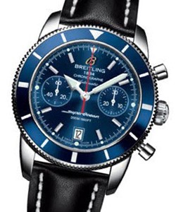 Superocean Chronographe Heritage 44mm in Steel On Black Leather Strap with Blue Dial