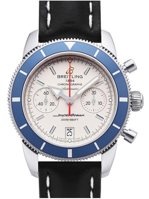 Superocean Chronographe Heritage 44mm in Steel On Black Leather Strap with Silver Dial - Blue Bezel