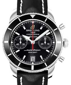 Superocean Chronographe Heritage 44mm in Steel On Black Calfskin Leather Strap with Black Dial - Black Bezel