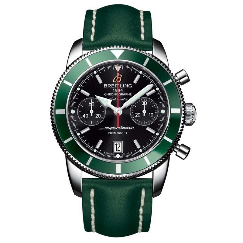 Superocean Chronographe Heritage 44mm in Steel on Green Calfskin Leather Strap with Black Dial