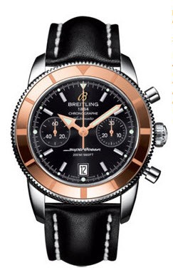 Superocean Chronographe Heritage 2-Tone in Steel with Rose Gold Bezel On Black Leather Strap with Black Dial