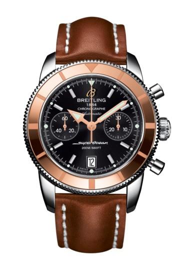 Superocean Chronographe Heritage 44m in Steel with Rose Gold Bezel On Brown Calfskin Leather Strap with Black Dial