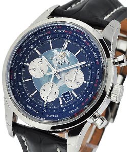 Transocean Chronograph Unitime  in Steel On Black crocodile Leather Strap with Black Dial