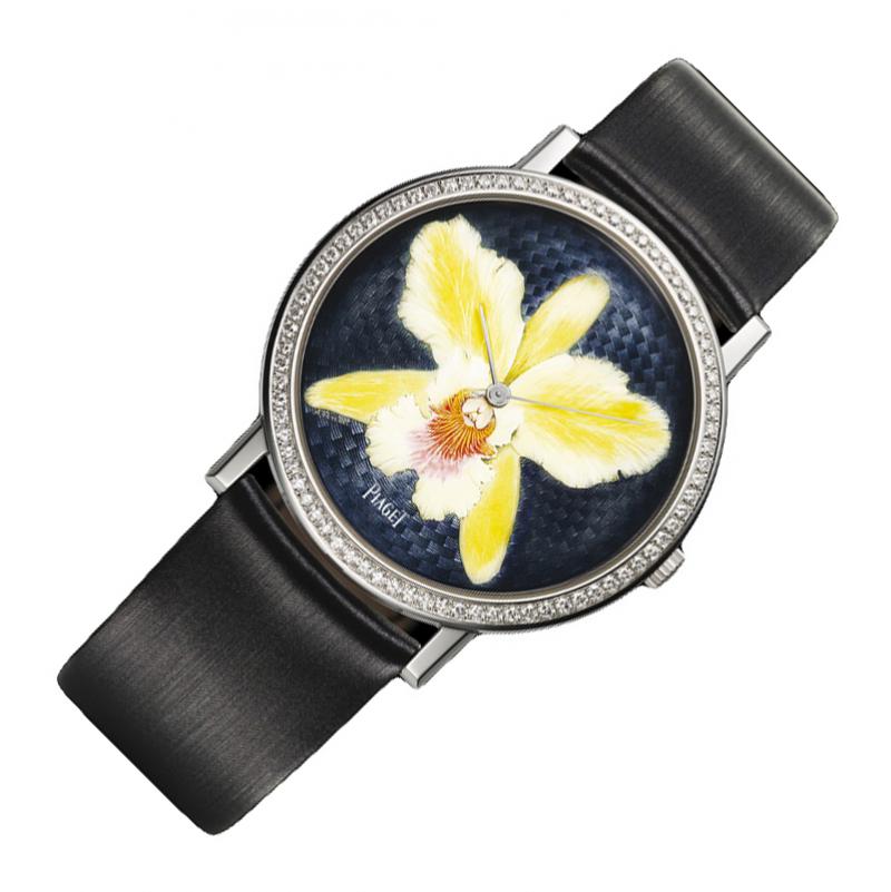 Altiplano Ultra-Thin in White Gold with Diamond Bezel on Black Satin Strap with Enamel Orchid Dial