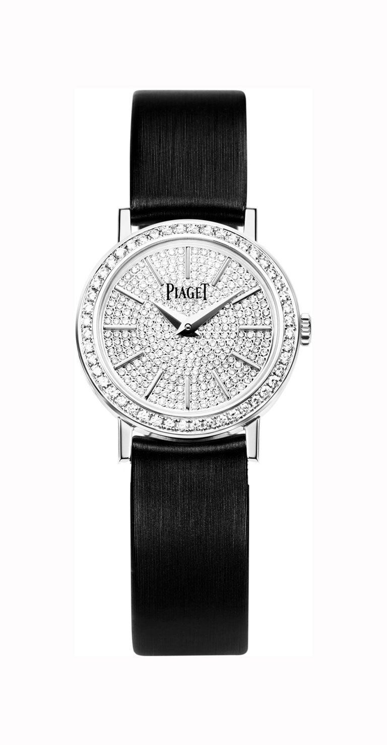 Altiplano Round in White Gold with Diamond Bezel on Black Satin Strap with Pave Diamond Dial