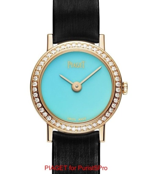 Altiplano Round in Rose Gold with Diamond Bezel on Black Satin Strap with Turquoise Dial