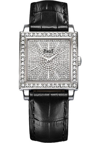 Altiplano Square in White Gold with Diamond Bezel on Black Leather Strap with Pave Diamond Dial