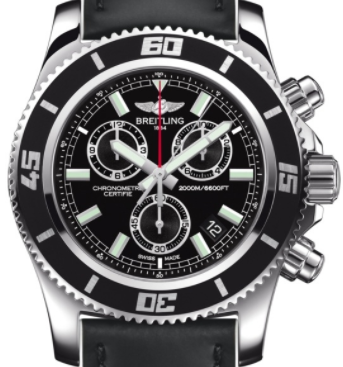 Superocean Chronograph M2000 46mm SuperQuartz in Steel On Black Leather Strap with Black Dial