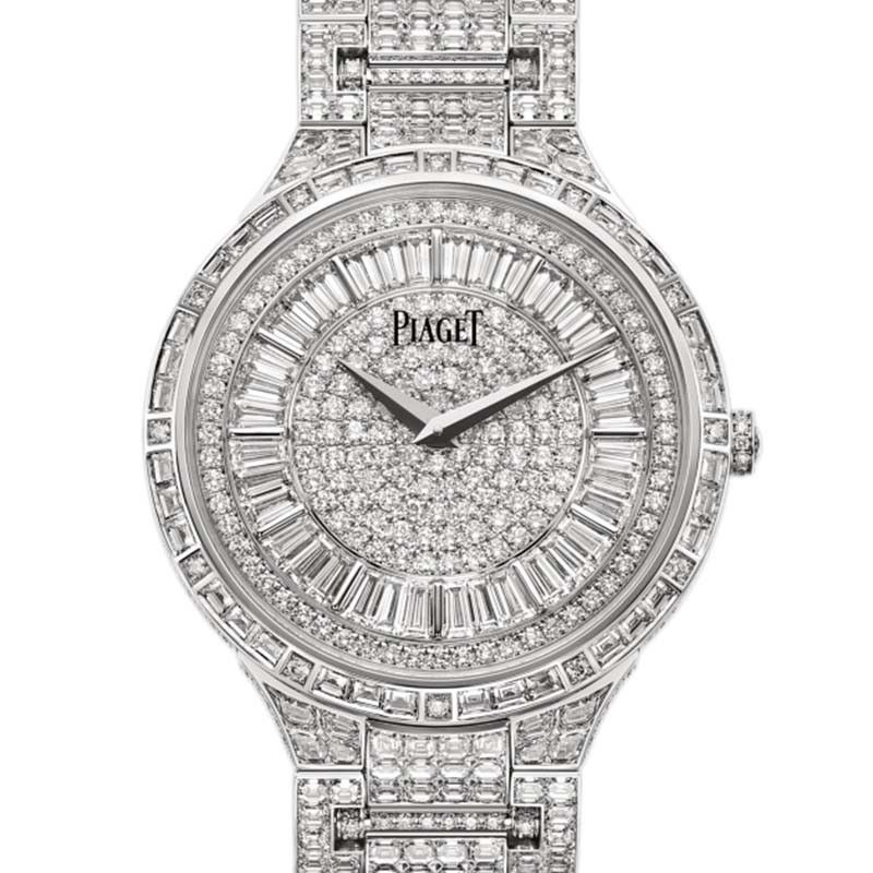 Dancer in White Gold with Baguette Diamond Bezel  on White Gold Pave Diamond Bracelet with Pave Diamond Dial