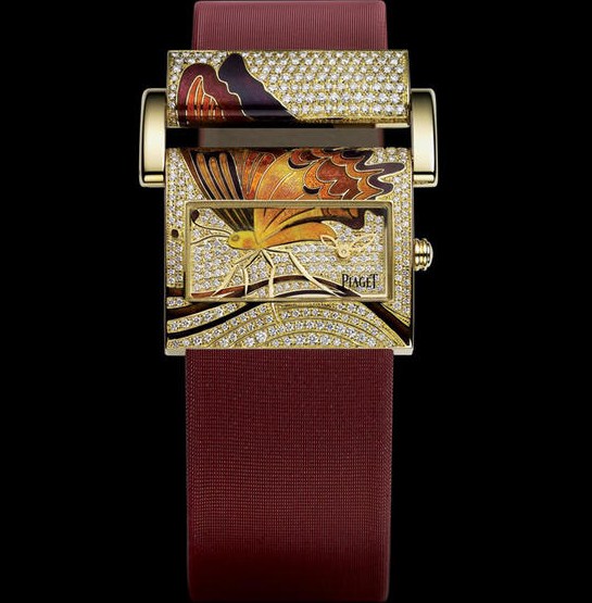Miss Protocole Butterfly Motif in Yellow Gold with Diamonds on Red Satin Strap with Butterfly Enamel Dial - Limited Edition of 10
