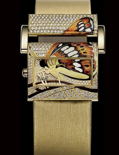 Miss Protocole Butterfly Motif in Yellow Gold with Diamons  on Yellow Satin Strap with Butterfly Enamel Dial - Limited Edition of 10