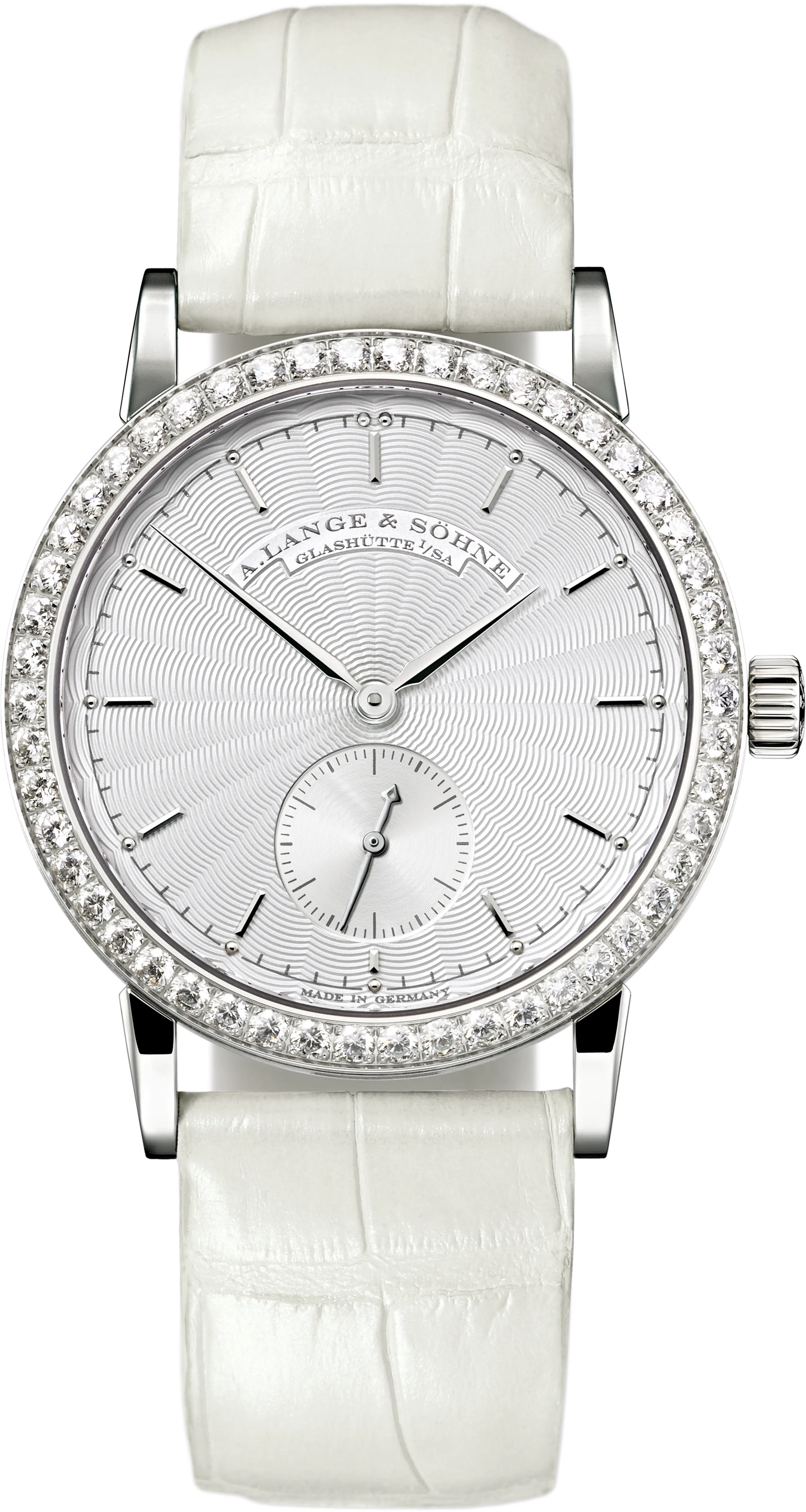 Little Saxonia  in White Gold with  Diamond Bezel On White Alligator Strap with Silver Guilloche Dial