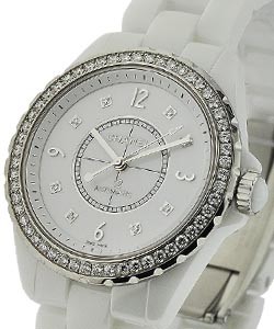 J12 38mm Automatic in White Ceramic with Diamond Bezel on White Ceramic Bracelet with White Diamond Dial