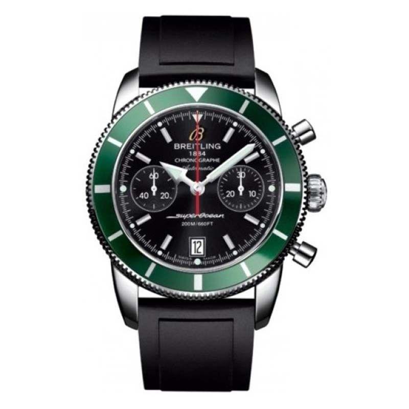 Superocean Chronographe Heritage 44mm in Steel On Black Rubber Strap with Black Dial - Green Bezel