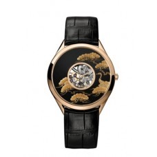Metiers d'Arts - Maki-e Pine and Cranes  Rose Gold on Strap with Black Lacquer Dial
