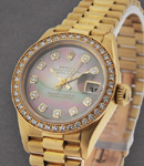 Ladies President in Yellow Gold with Diamond Bezel on Yellow Gold President Bracelet with Black Mother of Pearl Diamond Dial