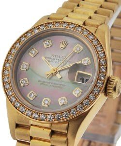 Ladies President in Yellow Gold with Diamond Bezel on Yellow Gold President Bracelet with Black Mother of Pearl Diamond Dial