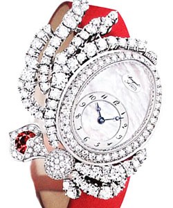 High Jewellery Ladies Automatic in White Gold - Diamond On red Satin Strap with Mother of Pearl Diamond Dial