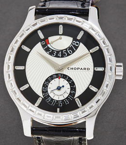 L.U.C Quattro Men's Manual in White Gold with Bagiette Diamond Bezel On Black Crocodile Strap with Silver & Black Diamond Dial