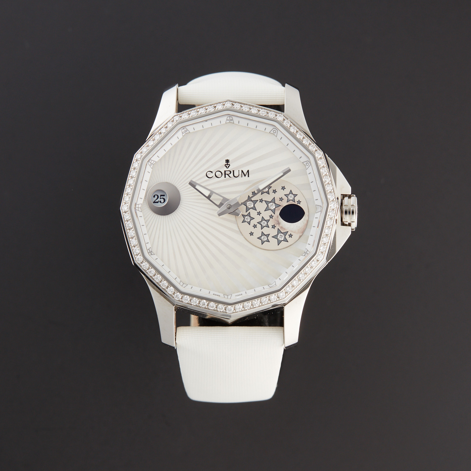 Admiral's Cup Legend Mystery Moon in Steel with Diamond Bezel on White Satin Strap with White Mother of Pearl Dial
