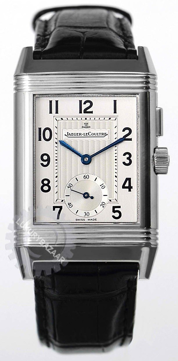 Reverso Duo in Steel  on Black Crocodile Leather Strap with Silver Dial