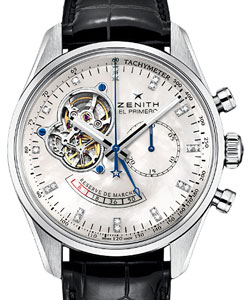 El Primero Chonomaster Open in Steel On Black Crocodile Leather Strap with MOP Diamond Dial
