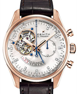 El Primero Chronomaster Open Rose Gold On Brown crocodile Leather Strap with MOP Diamond Dial