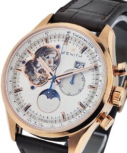 El Primero Chronomaster Open Moon in Rose Gold On Brown Crocodile Strap with Silver Sunray Dial