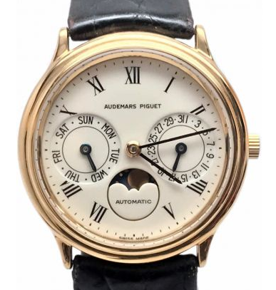 Vintage Day Date Moonphase circa 1987 in Yellow Gold on Black Alligator Leather Strap with White Enamel Dial