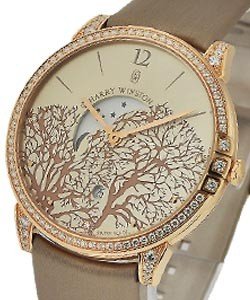 Midnight Moon Phase 39mm Quartz in Rose Gold with Diamond Bezel & Lugs on Brown Satin Strap with Rose Champagne Sunray Dial
