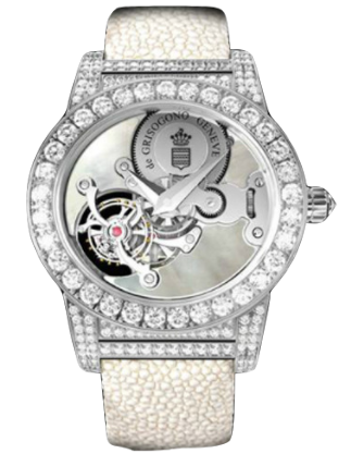 Tondo Tourbillon Gioiello S01 in White Gold with Diamond Bezel on White Galuchat Strap with White MOP Dial