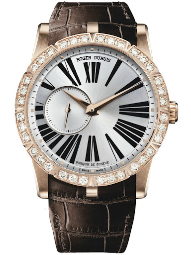 Excalibur 42 Automatic in Rose Gold with Diamond Bezel on Brown Crocodile Leather Strap with Silver Sunburst Dial