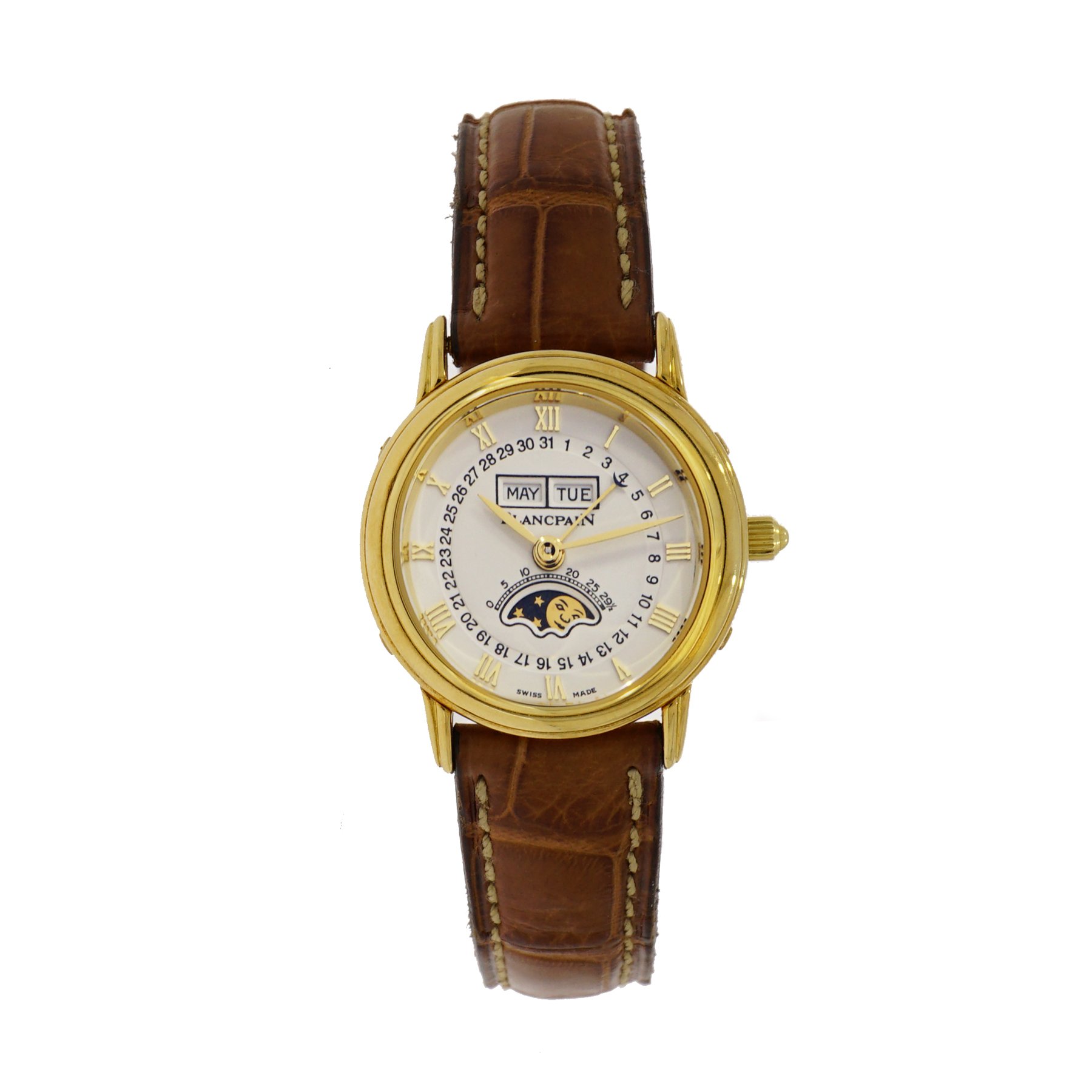 Leman Moonphase and Complete Calendar in Yellow Gold on Brown Alligator Leather Strap with White Dial