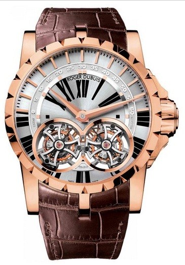 Excalibur Skeleton Double Flying Tourbillon 45mm in Rose Gold on Brown Leather Strap with Grey Skeleton Dial