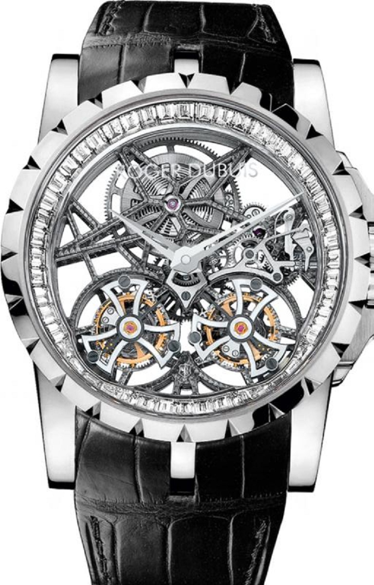 Excalibur Skeleton Double Flying Tourbillon 45mm in White Gold with Diamond Bezel on Black Leather Strap with Black Skeleton Dial