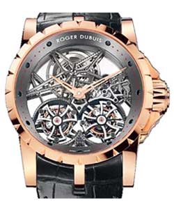 Excalibur Skeleton Double Flying Tourbillon 45mm in Rose Gold on Black Leather Strap with Grey Skeleton Dial