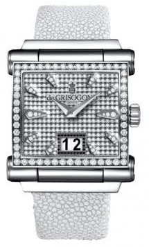 Grande Open Date 41mm Autoamtic in White Gold with Diamond Bezel on White Galuchat Strap with Diamond Paved Dial