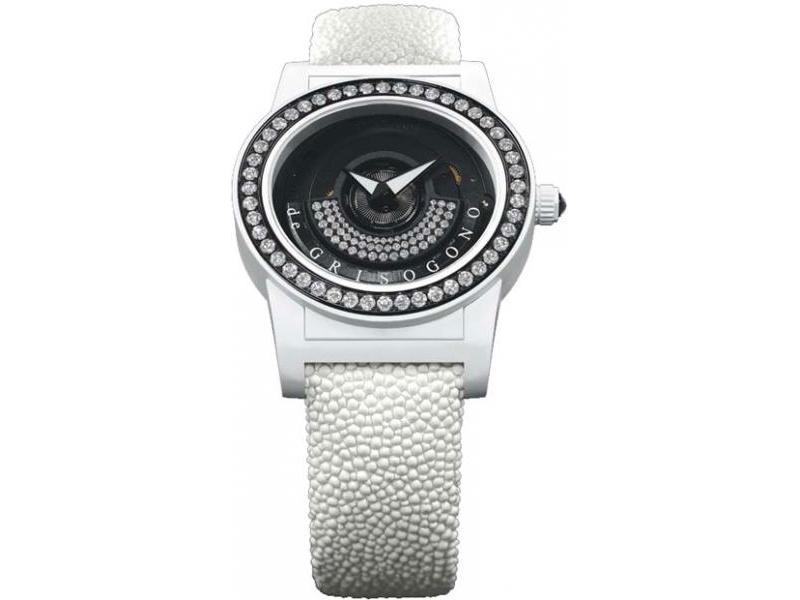 Tondo by Night S01 49mm Automatic in Fiberglass with PVD, Diamond  Bezel on White Galuchat Strap with Black Diamonds Dial
