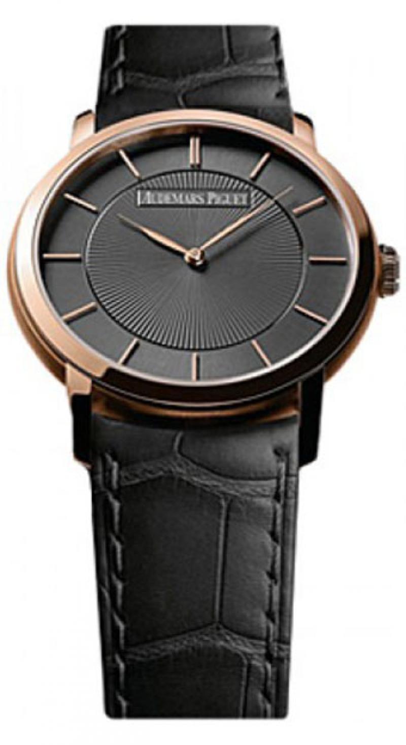 Jules Audemars Ultra Thin in Rose Gold on Black Alligator Leather Strap with Black Dial