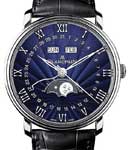 Villeret Complete Calendar in White Gold on Black Crocodile Leather Strap with Blue Flinque Dial