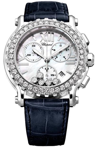 Happy Sport Chrono in Steel with Diamond Bezel on Black Crocodile Leather Strap with White MOP Dial