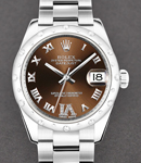 Mid Size Datejust 31mm in Steel with 24 Diamond Bezel  on Oyster Bracelet with Bronze Roman Dial