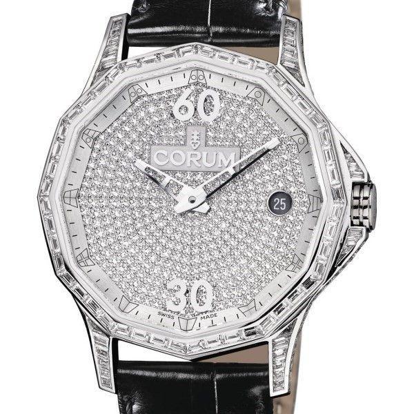 Admiral's Cup Legend 38 in White Gold with Baguette Diamond Bezel on Black Crocodile Leather Strap with Diamond Pave Dial