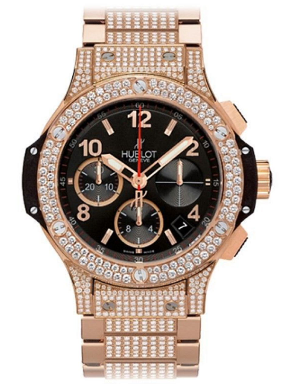 Big Bang 41mm in Rose Gold with Pave Diamond Bezel on Rose Gold Diamond Bracelet with Matt Black Dial